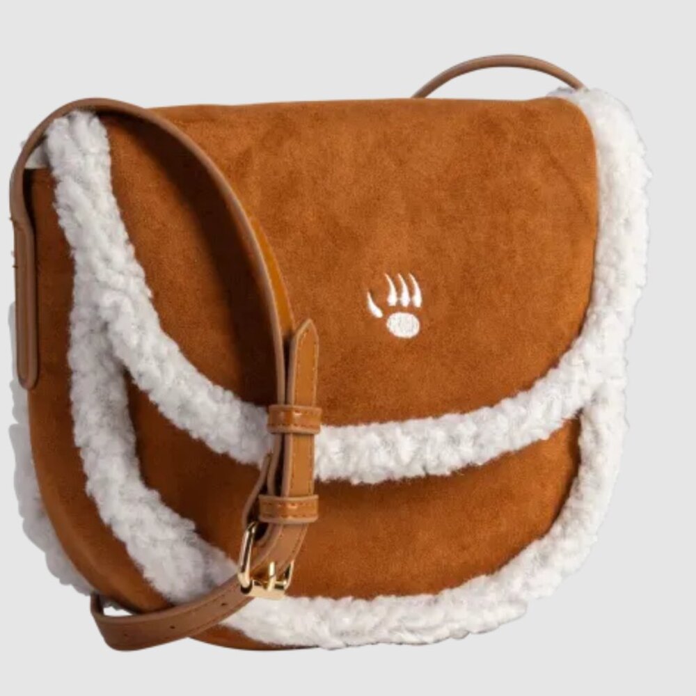 BEARPAW Shearling Sherpa Trim Small Crossbody Saddle Bag Hickory Brown NEW